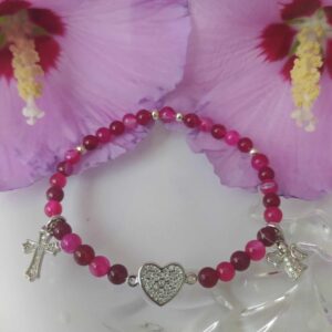 Achátový náramek se zirkonovým srdíčkem, andělem a křížkem